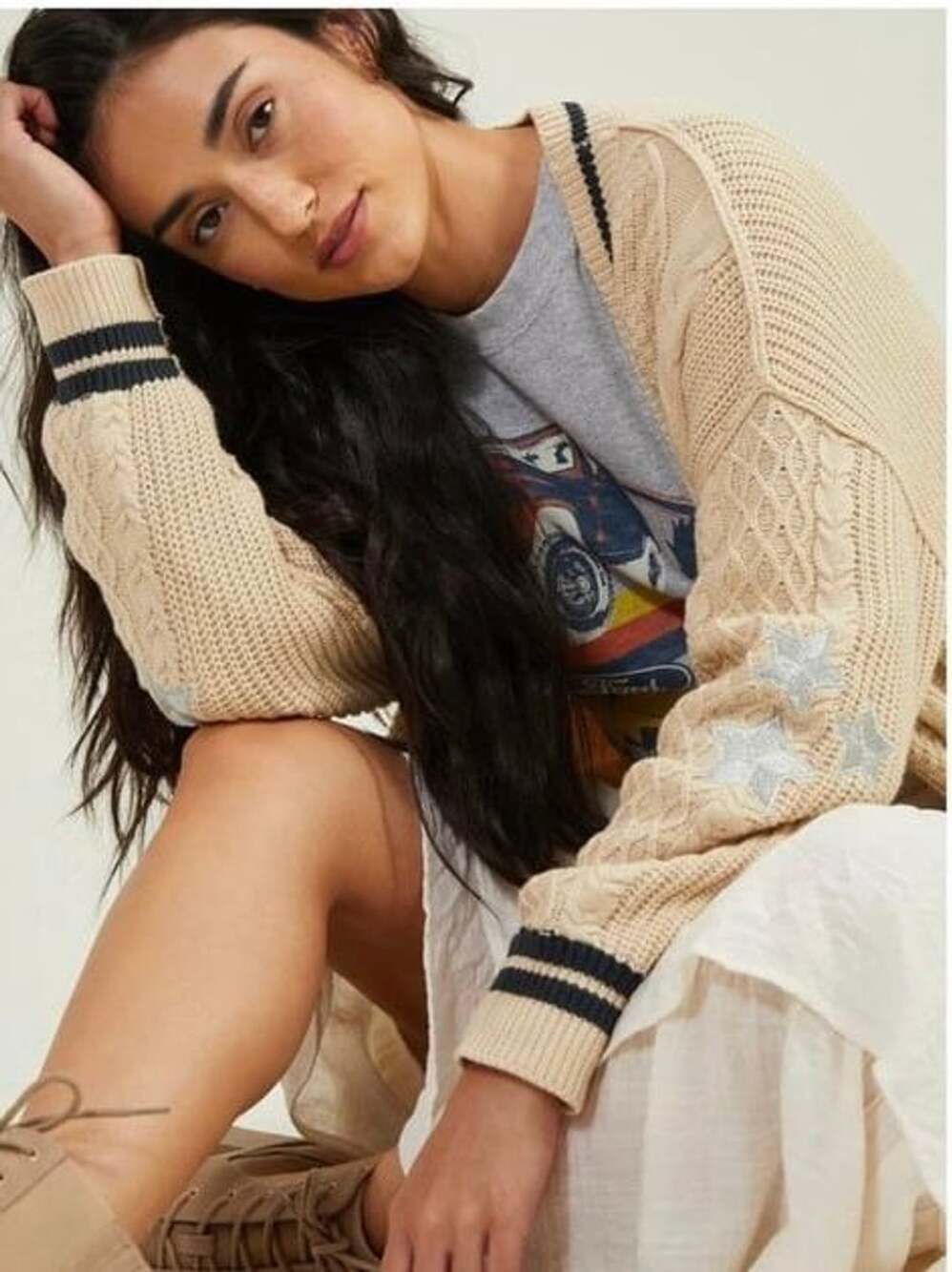 Free People Star Cable Knit Cardigan Beige